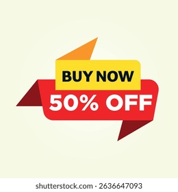"Buy Now, Save: A dynamic graphic design showcasing a promotional banner, featuring "Buy Now" and a bold "50% Off" offer, designed to entice customers and highlight savings.	