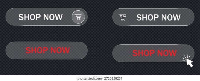 Compre ahora, Compre ahora icono de Botón en Vector de icono de efecto de vidrio líquido. Añadir al Carrito, tienda online símbolo transparente. Ilustración vectorial.