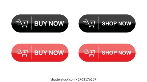 Buy Now and Shop Now Button Set – Red and Black E-commerce Call to Action Banners with Shopping Cart Icon for Online Retail and Sales