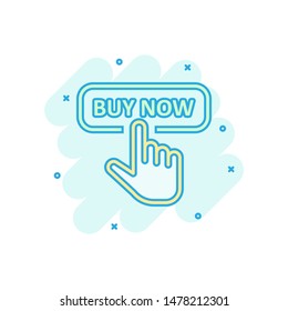 Buy now shop icon in comic style. Finger cursor vector cartoon  illustration on white isolated background. Click button business concept splash effect.