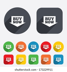 Buy now sign icon. Online buying arrow button. Circles and rounded squares 12 buttons. Vector