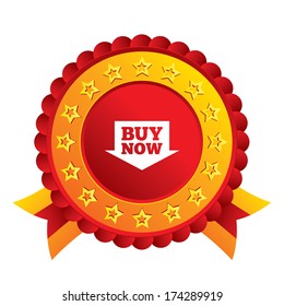 Buy now sign icon. Online buying arrow button. Red award label with stars and ribbons. Vector