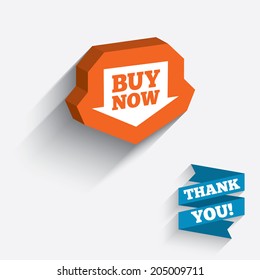 Buy now sign icon. Online buying arrow button. White icon on orange 3D piece of wall. Carved in stone with long flat shadow. Vector