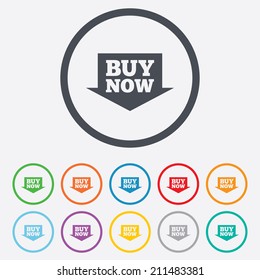 Buy now sign icon. Online buying arrow button. Round circle buttons with frame. Vector