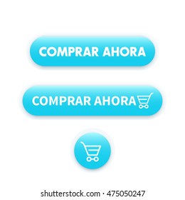 buy now in spanish, blue buttons for web with shopping trolley