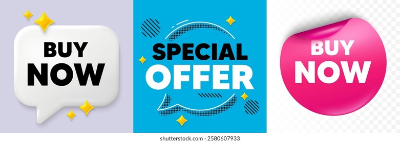 Buy now speech bubble. 3d sparkles chat, Paper sticker. Buy Now tag. Special offer price sign. Advertising Discounts symbol. Special offer bubble. Halftone dots pattern. Vector