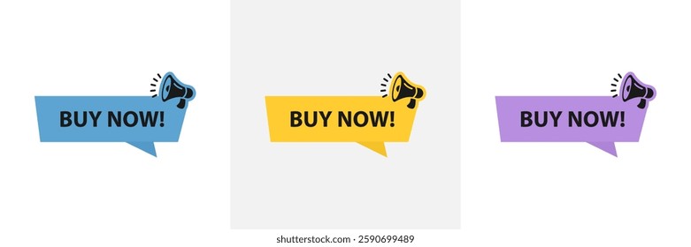 Buy now speech bubble with megaphone. Promotion new business sign. Loudspeaker. Banner for business, marketing and advertising. Vector illustration.
