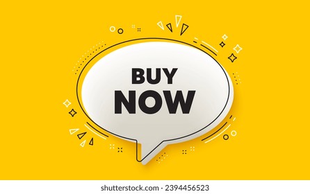 Buy Now tag. 3d speech bubble yellow banner. Special offer price sign. Advertising Discounts symbol. Buy now chat speech bubble message. Talk box infographics. Vector
