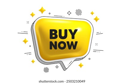 Buy Now tag. Chat speech bubble 3d icon. Special offer price sign. Advertising Discounts symbol. Buy now chat message. Speech bubble banner with stripes. Yellow text balloon. Vector