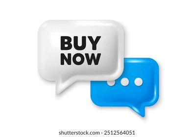 Buy Now tag. Chat speech bubble 3d icon. Special offer price sign. Advertising Discounts symbol. Buy now chat offer. Speech bubble banner. Text box balloon. Vector