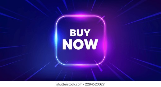 Buy Now tag. Neon light frame box banner. Special offer price sign. Advertising Discounts symbol. Buy now neon light frame message. Vector