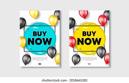 Comprar ahora texto. Afiches de volante con globos realistas cubiertos. Señal de precio de oferta especial. Símbolo de descuentos publicitarios. Compra ahora afiches blancos de marco de texto. Los globos se cubren. Vector