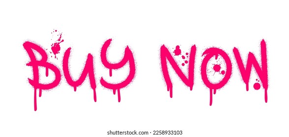 Comprar ahora texto con efecto de salpicadura y caídas. Estilo de graffiti urbano. Imprimir para banner, anuncio, afiche. Concepto de compras. La ilustración del vector está en el fondo blanco