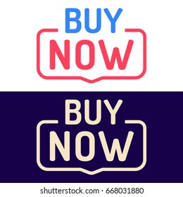 Buy now, two badges. Flat vector illustration on white and dark background.