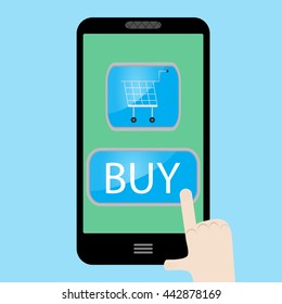 Buy now with use smart phone. Sale web and buy cart with internet, vector illustration