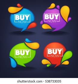 Comprar ahora, colección vectorial de publicidad, banners de descuento, etiquetas y emblemas