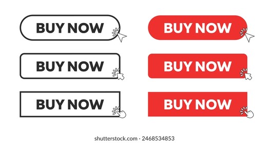 Buy Now Web Button in Red Rectangle and outline style. Computer mouse click cursor or arrow pointer symbol