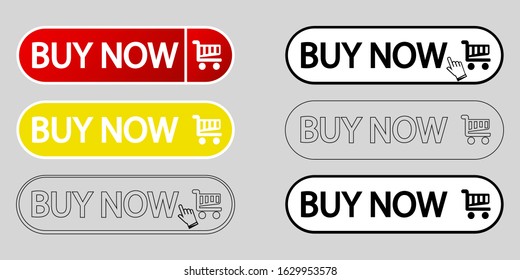 Buy now web buttons. Set of vector modern trendy flat buttons. Trendy colors buy now. Set of Buy now internet icons. Red, yellow, white and  outline buy now buttons isolated on grey background