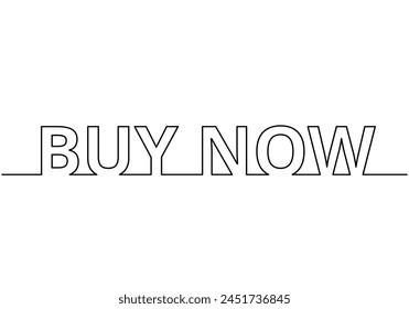 Buy now words in Continuous one line drawing style. Hand drawn writing of online shopping.