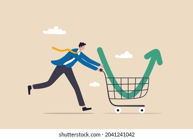 Buy on the dip, purchase stock when price drop, trader signal to invest, make profit from market collapse concept, smart businessman investor buy stock with down arrow graph in shopping cart. svg
