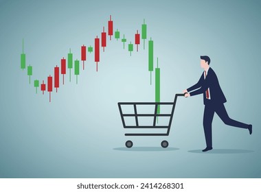 Buy on the dip, purchase stock when price drop, trader signal to invest, make profit from market collapse concept, smart businessman investor buy stock with down candlestick in shopping cart. svg