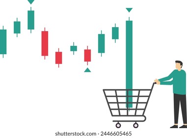 Buy on the dip, purchase stock when price drop, trader signal to invest, make profit from market collapse concept, smart businessman investor buy stock with down candlestick in shopping cart.

 svg