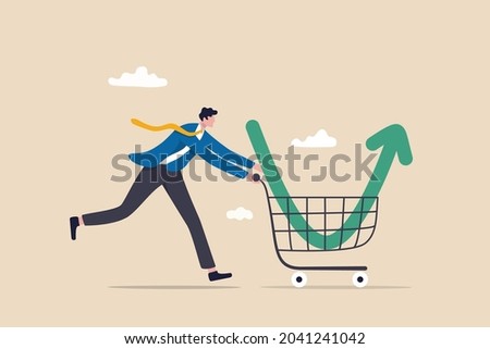 Buy on the dip, purchase stock when price drop, trader signal to invest, make profit from market collapse concept, smart businessman investor buy stock with down arrow graph in shopping cart.