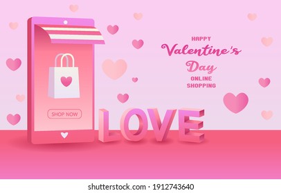 Buy on mobile. love theme about valentine. Mobile as a store. Online shopping with mobile. Pink smartphone with a shopping bag on top.LOVE word on the floor and with hearts in the background. 