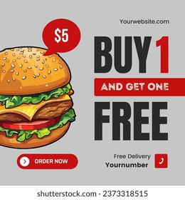 Buy One Get One Burger Design with Grey Color Background For Social Media Post