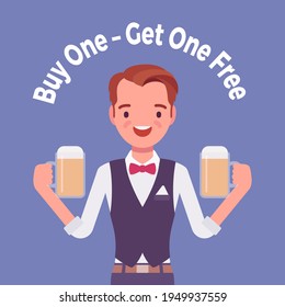 Buy one get free, beer bar, tavern pub sale promotion. Young handsome positive boy seller offering two products for same price, marketing tactic for retailers. Vector flat style cartoon illustration