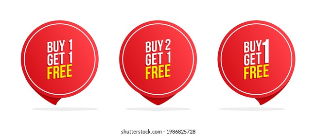 Buy one get one free bogo label templates. Special offer commercial circle badges set for discount shopping, promotion and advertising. Vector illustration.