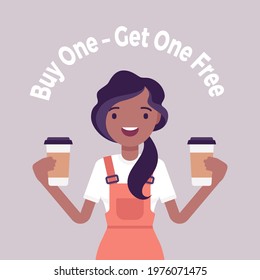 Buy one, get free, coffeehouse, coffee shop, cafe sale promotion. Young attractive positive girl seller offering two products for same price, marketing tactic. Vector creative stylized illustration