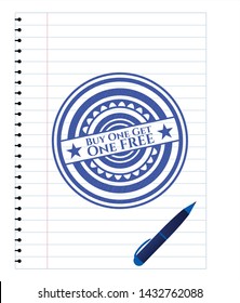 Buy one get One Free emblem draw with pen effect. Blue ink. Vector Illustration. Detailed.