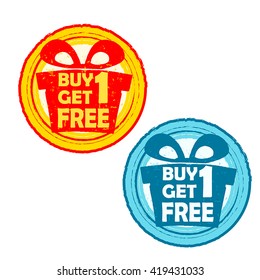 buy one get one free with gift signs - text in yellow red and blue drawn label with present box symbols, business shopping concept, vector