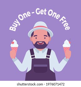 Buy one, get one free, ice cream shop sale promotion. Fat handsome positive man seller offering two products for same price, marketing tactic for retailers. Vector creative stylized illustration