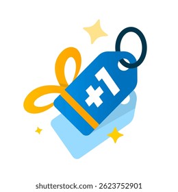 Buy one get one free illustration. Two promo tags with gift ribbon and plus one. Flat style discount label for sale, marketing promotion, special offer, ecommerce, and advertising materials