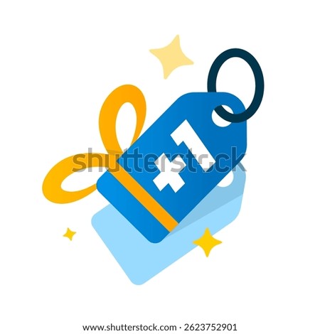 Buy one get one free illustration. Two promo tags with gift ribbon and plus one. Flat style discount label for sale, marketing promotion, special offer, ecommerce, and advertising materials