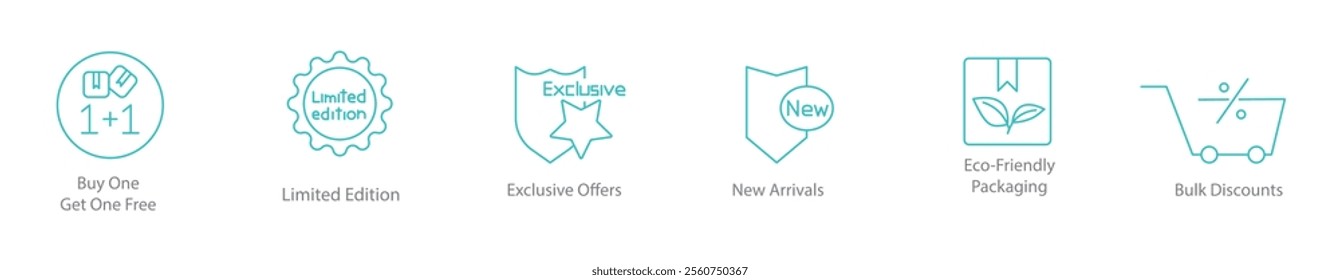 Buy One Get One Free, Limited Edition, Exclusive Offers, New Arrivals, Eco-Friendly Packaging, Bulk Discounts Icon Set