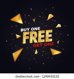 Buy one get one free on dark background vector illustration. Isolated design elements. Best offer shopping template with golden triangles