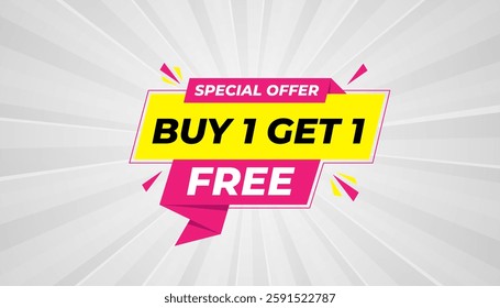 Buy one get one free. Online shop discount sale background for buy 1 get 1, Special Discount marketing poster design for web and Social. sale banner vector template Design.
