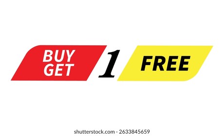 Buy one get one free promotional label in red, black, and yellow colors, used for discount offers and marketing	

