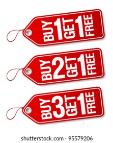 Buy one get one free, promotional sale labels set.