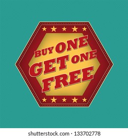 buy one get one free - retro style blue, ocher, red hexagon label with text and stars, business concept, vector