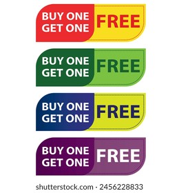 buy one get one free sale tag Promotional Offer Design isolated on white background in 4 colors. Sale retail business promotion sticker.