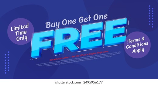 Buy one get one free sale and deals with editable text effect style on blue background