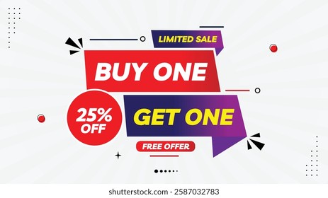 Buy One Get One Free Sale Banner | 25% Off Limited Sale | Editable Template with Element Shapes | Yellow, Purple, Black, Red, White Gradient Background