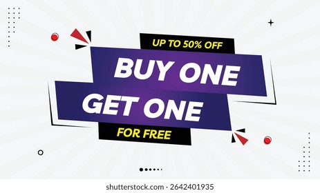 Buy One Get One Free Sale Banner Template – Up to 50% Off with Black, Yellow, Red, Purple Gradient and White Background – Customizable Element Shapes