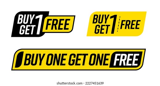 Buy one, get one free shop event sticker set. Price discount special offer sale advertising label template collection. Retail business and marketing tags vector illustration