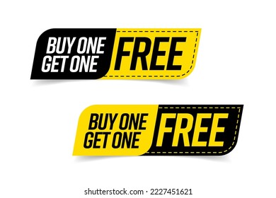 Buy one, get one free special offer sticker set. Sale discount promotion label templates. Web shop business event black and yellow tags vector illustration