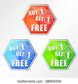 buy one get one free, three colors hexagons labels, flat design, business shopping concept, vector